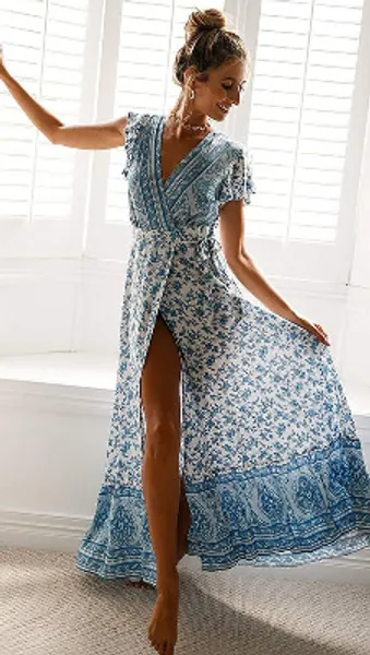 Ocean Blue Summer Boho Dress Womens Bohemian Wrap V Neck | Etsy
