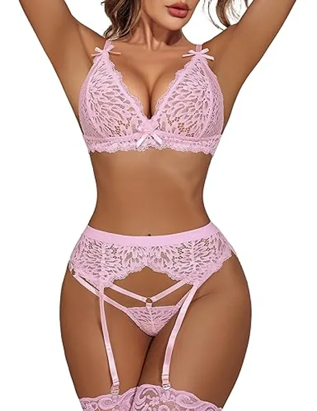Avidlove Women Garter Lingerie Set 3 Piece Lace Bra and Panty Set with Garter Blet Sexy Bralette Set - Small - Light Pink