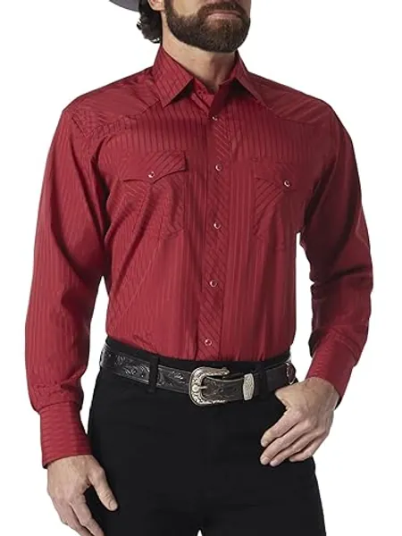 Wrangler Men's Sport Western Two Pocket Long Sleeve Snap Button Down Shirts - X-Large - Wine