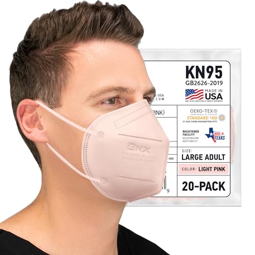 AccuMed BNX 20-Pack KN95 Face Mask, Disposable Particulate KN95 Mask Made in USA, Protection Against Dust, Pollen and Haze (20 Pack) (Earloop) (Model: E95) Light Pink