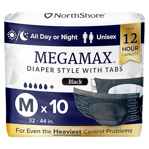 NorthShore MegaMax Adult Overnight Diapers, 12-Hour Tab-Style, Medium, 10 Count Bag, Black, 32-44 inches, Unisex Incontinence Underwear - Black - Medium (10 Count)