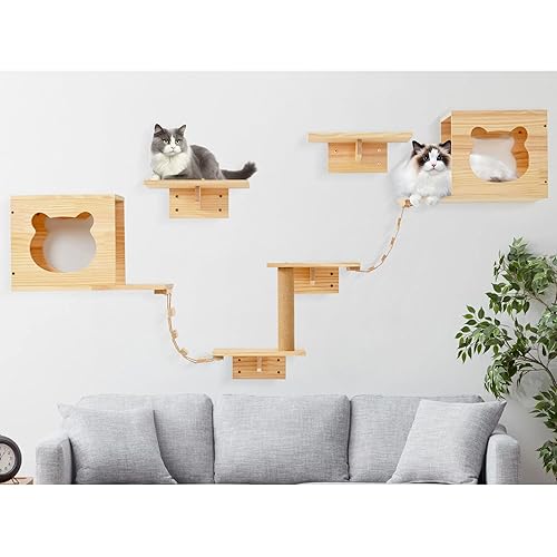 PETKABOO Cat Wall Furniture, Shelves, Floating Wood Climb Wall-Mounted Playing Climber, 2 Houses & 4 Shelves Ladders 1 Scratching Post - Cat Wall Shelf