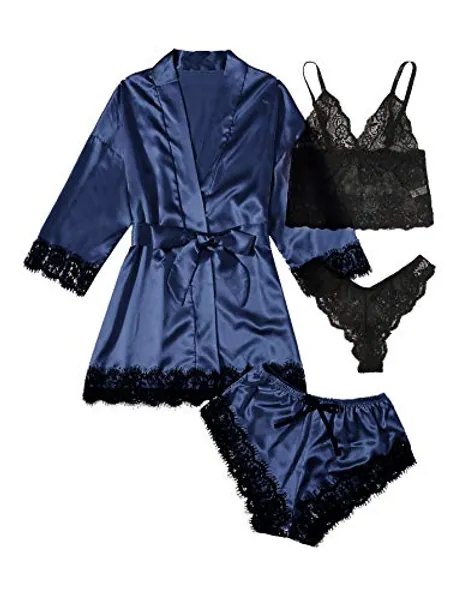 WDIRARA Women' Silk Satin Pajamas Set 4pcs Lingerie Floral Lace Cami Sleepwear with Robe