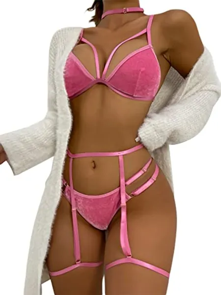 SOLY HUX Women's 3 Piece Velvet Bra and Panty Garter Belt Straps Lingerie Set