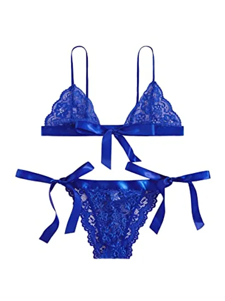 SweatyRocks Women's Sexy Floral Lace Scalloped Trim Self Tie Panty Mesh Lingerie Set
