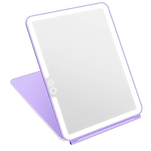 deweisn Folding Lighted Makeup Mirror with 72 LEDs 3 Colors Light Modes USB Rechargable 1800mA Batteries Portable Ultra Thin Compact Vanity Mirror Dimmable Travel Mirror - Purple