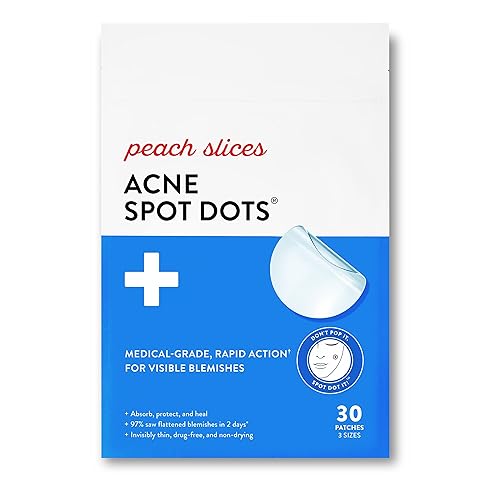 Peach Slices | Acne Spot Dots | Hydrocolloid Acne Patches | For Zits, Blemishes, & Breakouts | Vegan | Cruelty-Free | Pimple Patches | Facial Skin Care Products | 3 Sizes (7mm, 10mm, & 12mm) | 30 Ct - 30 Counts