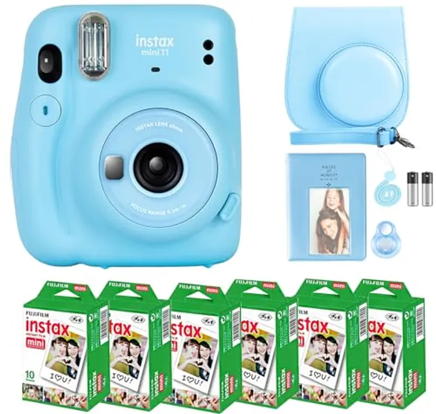 Fujifilm Instax Mini 11 Camera with Fujifilm Instant Mini Film (60 Sheets) Bundle with Deals Number One Accessories Including Carrying Case, Selfie Lens, Photo Album, Stickers (Sky Blue)