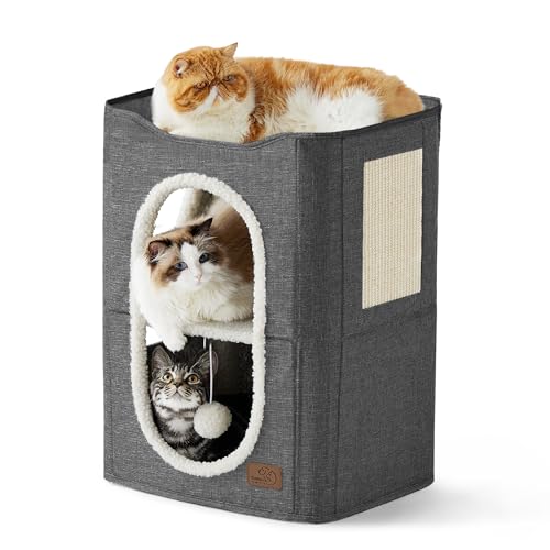 Bedsure 2-Level Cat House for Indoor Cats - Small Cat Towers with Scratch Pad and Hideaway Condo, Cat Cave Bed Furniture for Multi Pets and Large Cats, 18x14x23 inches, Dark Grey - Double - Dark Grey