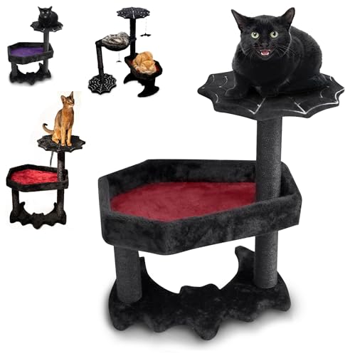Gothic Cat Tree with Coffin Cat Bed, Gothic Cat Tower, Coffin cat Tree with Sisal Scratching Posts for Halloween cat, Small Size, Black with Red Littlesy - Small - Black and Red