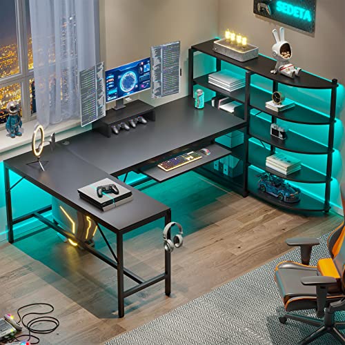 SEDETA L Shaped Gaming Desk, 65'' Corner Gaming Desk, Computer Desk with Storage Shelves, Keyboard Tray, Monitor Stand and Headphone Hook, LED Lights, Black - Black