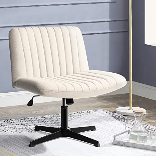 PUKAMI Criss Cross Chair,Armless Cross Legged Office Desk Chair No Wheels,Fabric Padded Comfy Modern Swivel Height Adjustable Mid Back Wide Seat Computer Task Vanity Chair for Home Office(Beige) - Beige - Classic