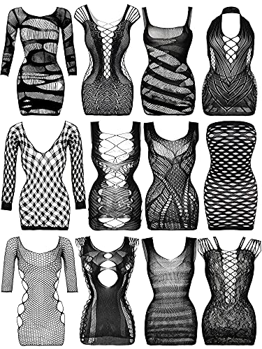 12 Pieces Women's Fishnet Lingerie Mesh Babydoll Bodysuit Lace Smock Lingerie for Women - Black