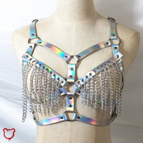 'Gothic Chain Harness: Black Faux Leather' - Silver