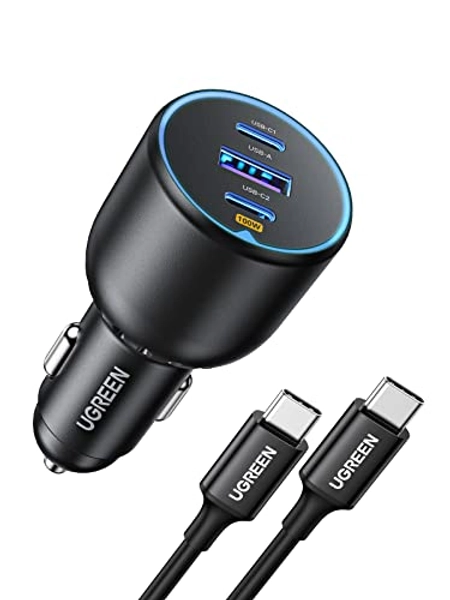 UGREEN 130W USB C Car Charger, Car Phone Charger with 100W USB C Cable PD3.0/QC4.0/PPS Fast Charging Car Adapter with LED Light, Compatible with iPhone 14/13/12, Galaxy S23/S22, iPad, MacBook