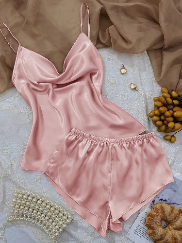 Ice Silk Women's V Neck Pajama Set - M / Pink