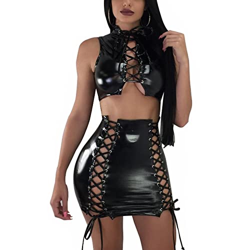 VWIWV Women's Bandage Faux Leather Dress Criss Cross 2 Piece Lace Up Crop Top and Bodycon Mini Skirt Sets Outfits - Medium - Black