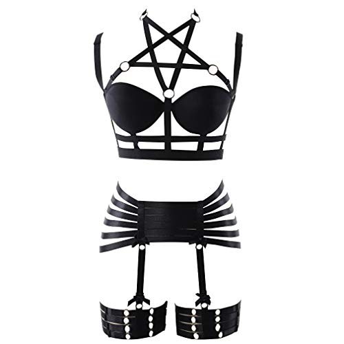 Womens Strappy Full Cage Body Harness Lingerie Garter Belt Set Elastic Hollow Tops Bralette Punk Gothic Festival Rave Wear - Black O0208 +P0126