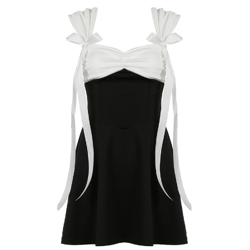 Black and White Y2K Patchwork A-line Dress - black / M
