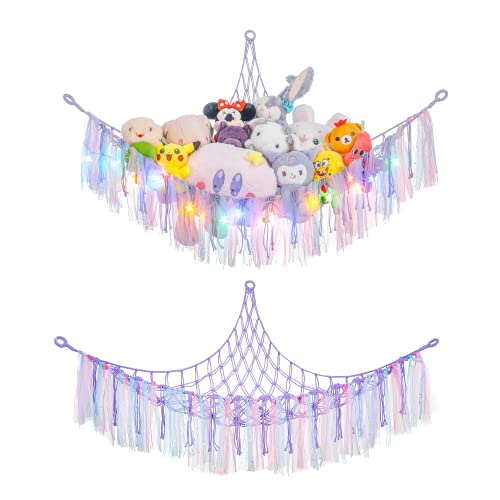 LONCHDAN Stuffed Animal Hammock, Stuffed Animal net or Hammock with LED Hammock for Stuffed Animals Storage Macrame Netting Plushie Hanging Corner for Nursery Bedroom (Purple) - Purple