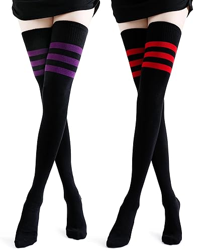 Kayhoma Extra Long Cotton Stripe Thigh High Socks Over the Knee High Plus Size Stockings… - Medium - Purple&black / Red&black
