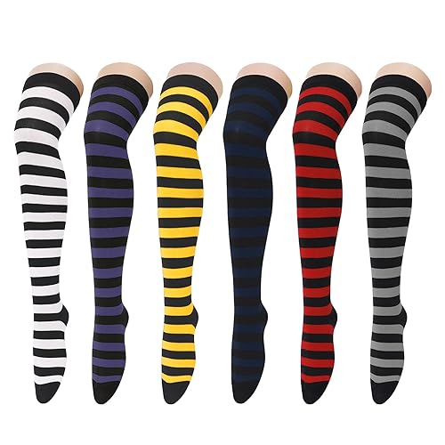 Zando 6 Pairs Striped Thigh High Socks for Women Striped Knee High Socks Thigh Highs Cosplay Stockings Programming Socks - One Size - A Colored Stripes*6