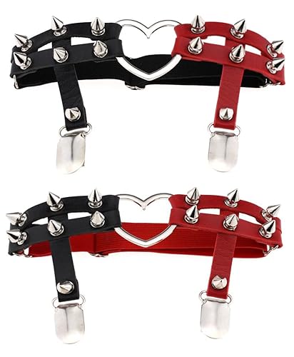 Goth Studded Rivet Stud Thigh Garters - Black+red