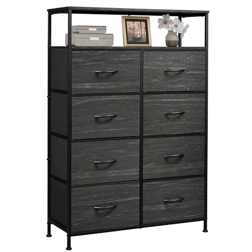 WLIVE Fabric Dresser for Bedroom with Open Shelves, Tall Dresser with 8 Drawers, Storage Tower with Fabric Bins, Chest of Drawers for Closet, Living Room, Hallway, Charcoal Black Wood Grain Print - Charcoal Black Wood Grain Print - Raised Shelves