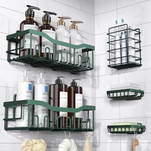 Shower Caddy 5 Pack,Adhesive Shower Organizer for Bathroom Storage&Home Decor&Kitchen,No Drilling,Large Capacity,Rustproof Stainless Steel Bathroom Organizer,Shower Shelves for Inside Shower-Larger - Blackish Green - Larger Size