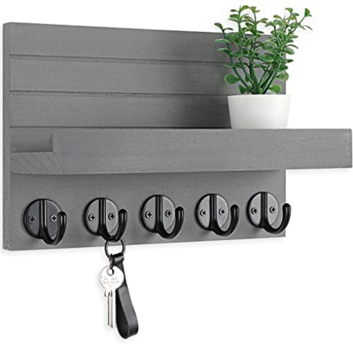 Lwenki Key Holder for Wall, Decorative Key and Mail Holder with Shelf Has Large Key Hooks for Bags, Coats, Umbrella – Paulownia Wood Key Hanger with Mounting Hardware (9.8”W x 6.7”H x 4.2”D) - Gray