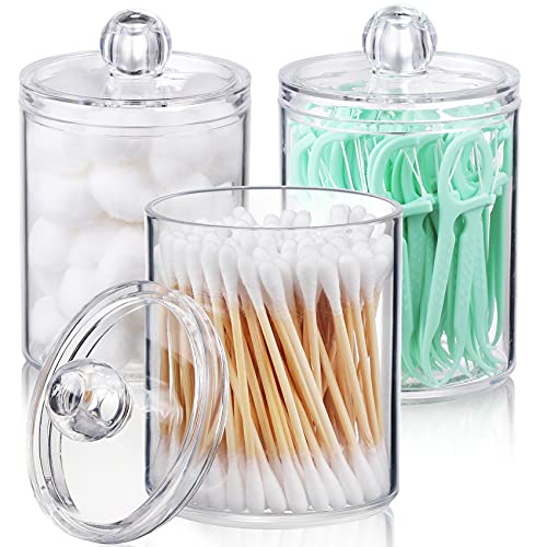 AOZITA 3 Pack Qtip Holder Dispenser for Cotton Ball, Cotton Swab, Cotton Round Pads, Floss - 10 oz Clear Plastic Apothecary Jar Set for Bathroom Canister Storage Organization, Vanity Makeup Organizer - 3