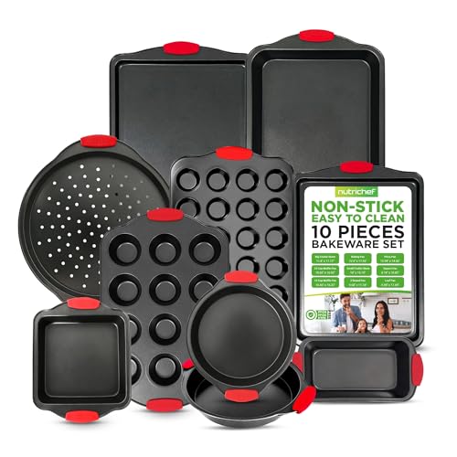 NutriChef 10-Piece Nonstick Kitchen Oven Baking Pans - Premium & Stylish Non-Stick Carbon Steel - Commercial Grade Restaurant Quality Metal Bakeware with Silicone Handles - Easy to Clean, NCSBS10S - 10-Piece Set