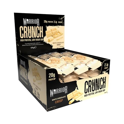 Warrior HIGH PROTEIN BARS (20g Protein each) - Low Carb, Low Sugar - Pack of 12 Caramel Crispy Crunch Bars - White Chocolate - White Chocolate