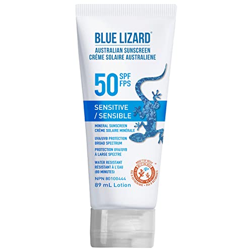 BLUE LIZARD Sensitive Mineral Sunscreen Lotion, SPF 50+, Water Resistant with Smart Cap Technology - 89 ml Tube