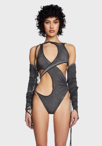 Compression Cut Out Bodysuit & Gloves Set - Charcoal | Small