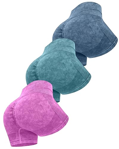 ATHVOTAR 3 Piece Workout Shorts Women Seamless Scrunch Butt Lifting High Waisted Gym Booty Shorts - XX-Large - Washed Navy/Washed Turquoise/Washed Rose