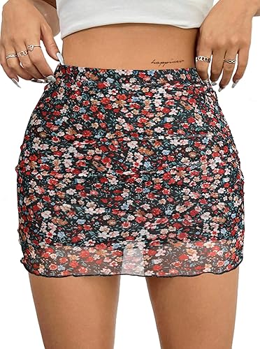 Avanova Women Mesh Bodycon Mini Skirt High Waist Ruched Summer Short Skirt - X-Large - Disty Multicolor
