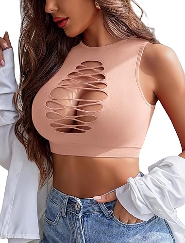 Avidlove Women's Fishnet Top Sexy Cut Out Crop Short Hollow Out Cropped Tank Top(S M L) - One Size - Light Pink