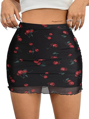 Avanova Women Mesh Bodycon Mini Skirt High Waist Ruched Summer Short Skirt - X-Large - Black Lx03