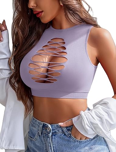 Avidlove Women's Fishnet Top Sexy Cut Out Crop Short Hollow Out Cropped Tank Top(S M L) - One Size - Light Purple