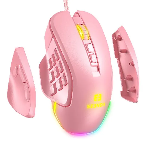 Seenda Vanguard S RGB Wired Gaming Mouse with Interchangable Side Plates, 10000 DPI Programmable Macros and Customizable MMO Computer Gaming Mice with Side Buttons, Pink