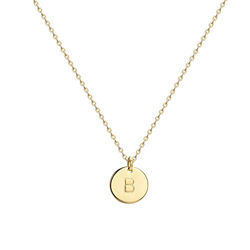 Valloey Rover Gold Initial Pendant Necklace, 14K Gold Plated Disc Double Side Engraved 16.5" Adjustable Dainty Personalized Alphabet Letter Pendant Handmade Cute Tiny Necklaces Jewelry Gift for Women - B
