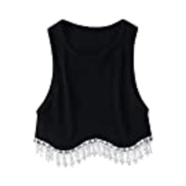 Lauweion Women’s Rhinestones Tassel Sleeveless Crop Top Diamond Decoration Fringe Racer Back Ribbed Knit Crop Tank Top