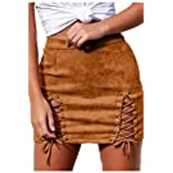 Meyeeka Womens Sexy High Waist Lace Up Bodycon Faux Suede Split Tight Mini Skirt