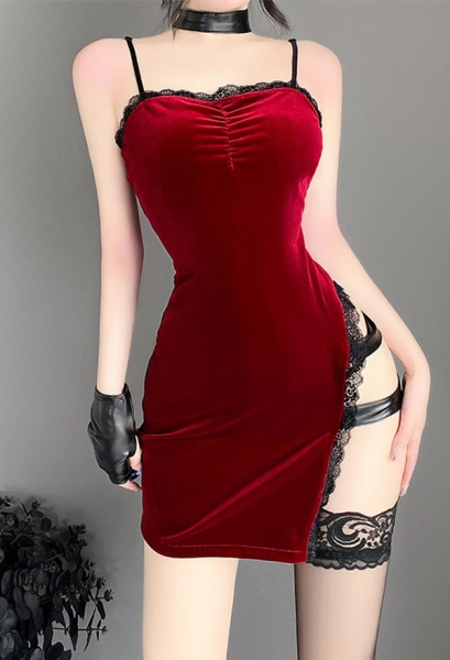 Sexy Lingerie Set High Slit Lace Hem Red Velvet Bodycon Dress with Gloves Choker Thong