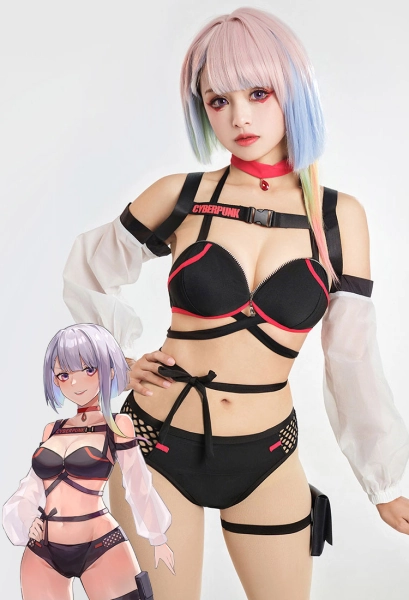 Cyberpunk Lucy Derivative Sexy Swimsuits Lace-up Swimwear Top and Bottoms Bikini Sets with Choker and Cover-up