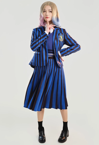 Wednesday Enid Nevermore Academy Blue School Uniform Cosplay Costume Jacket and Skirt with Shirt and Sweater Vest