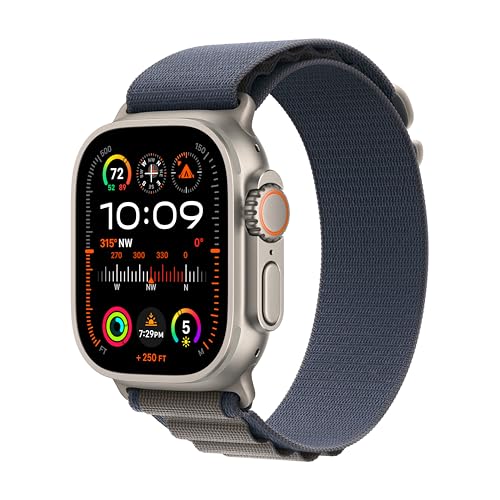 Apple Watch Ultra 2 [GPS + Cellular 49mm] Smartwatch with Rugged Titanium Case & Blue Alpine Loop Medium. Fitness Tracker, Precision GPS, Action Button, Extra-Long Battery Life, Carbon Neutral - Titanium Case with Blue Alpine Loop - Medium - fits 145-190mm wrists