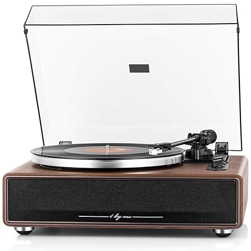 1 by ONE High Fidelity Belt Drive Turntable with Built-in Speakers, Vinyl Record Player with Magnetic Cartridge, Bluetooth Playback and Aux-in Functionality, Auto Off - Walnut