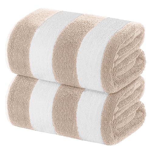White Classic Beach Towels Oversized Cabana Stripe Cotton Bath Towel Large - Luxury Plush Thick Hotel Swim Pool Towels for Adults Super Absorbent Quick Dry - 35x70 Beige [2 Pack] - Cabana Beige